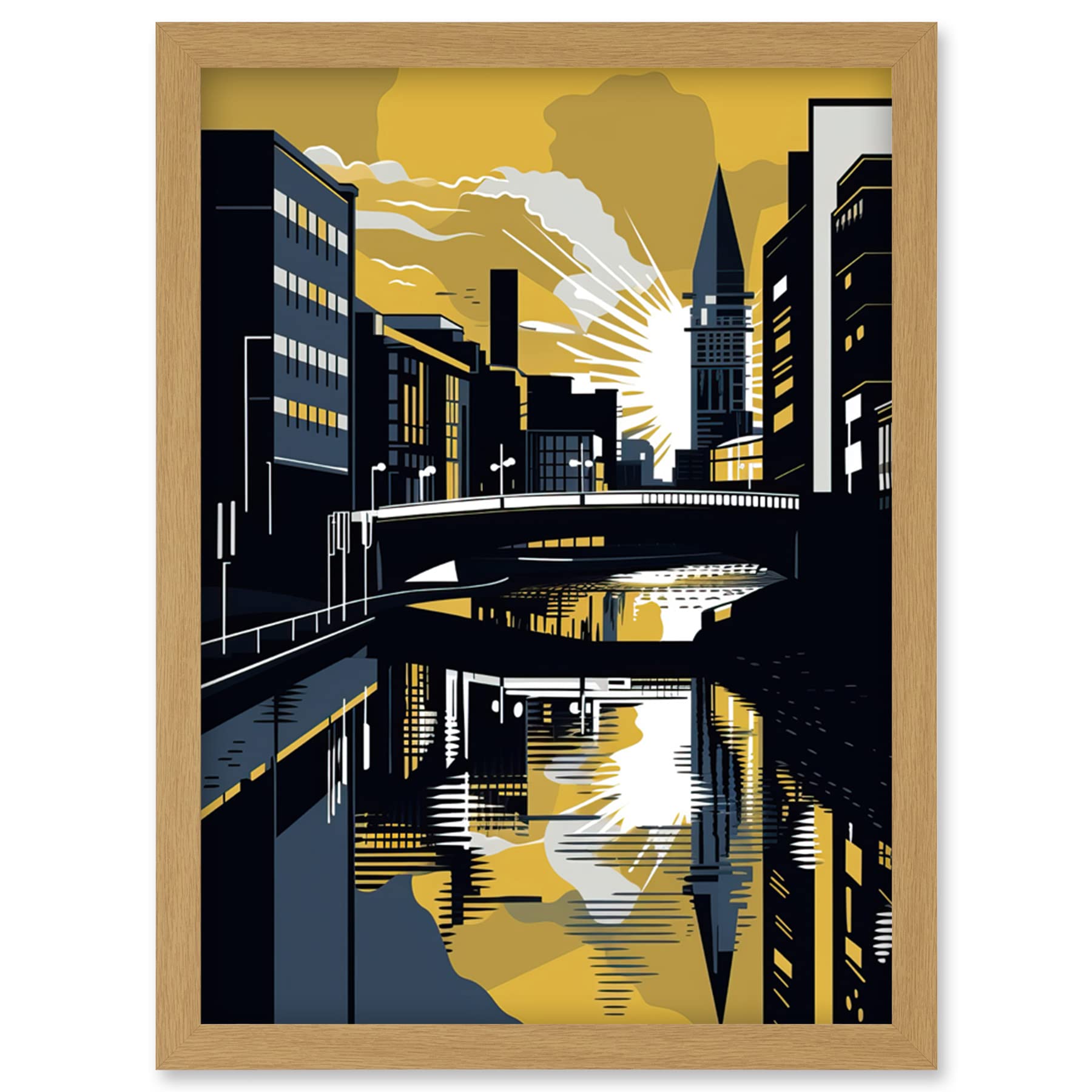 Glasgow Scotland River Cityscape Sunrise Geometric Artwork Framed Wall Art Print - Artery8 - Light Oak Frame