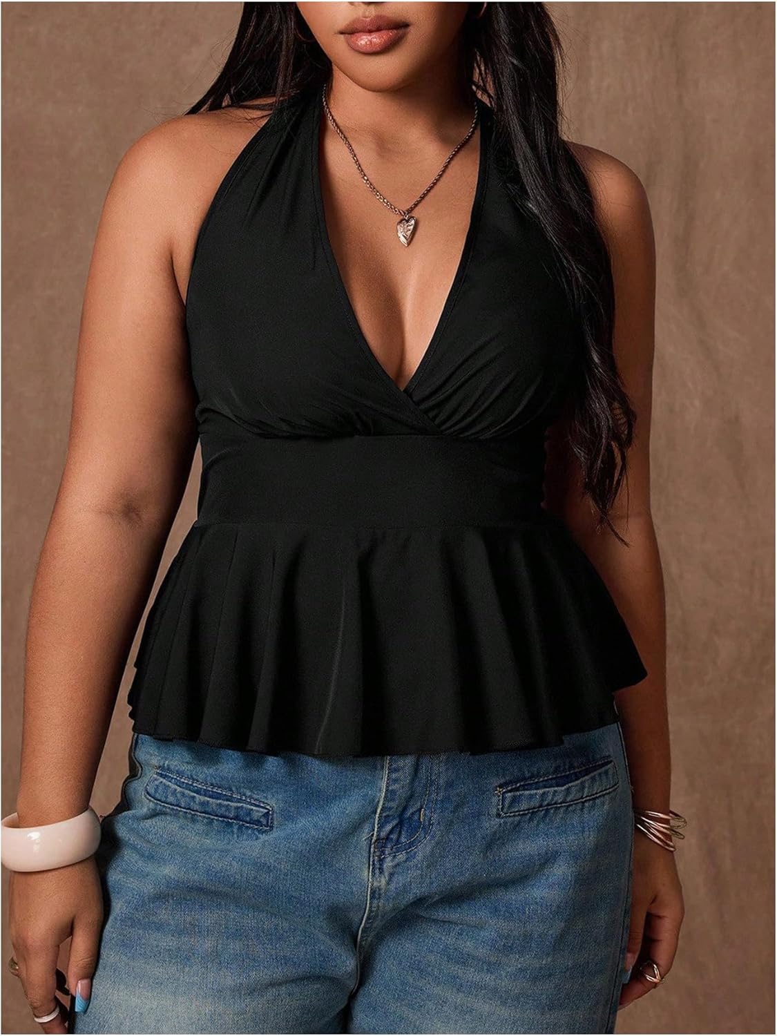 Floerns Women's Plus Size Y2K Backless Halter Top Sleeveless Ruffle Peplum Going Out Tops - Image 3