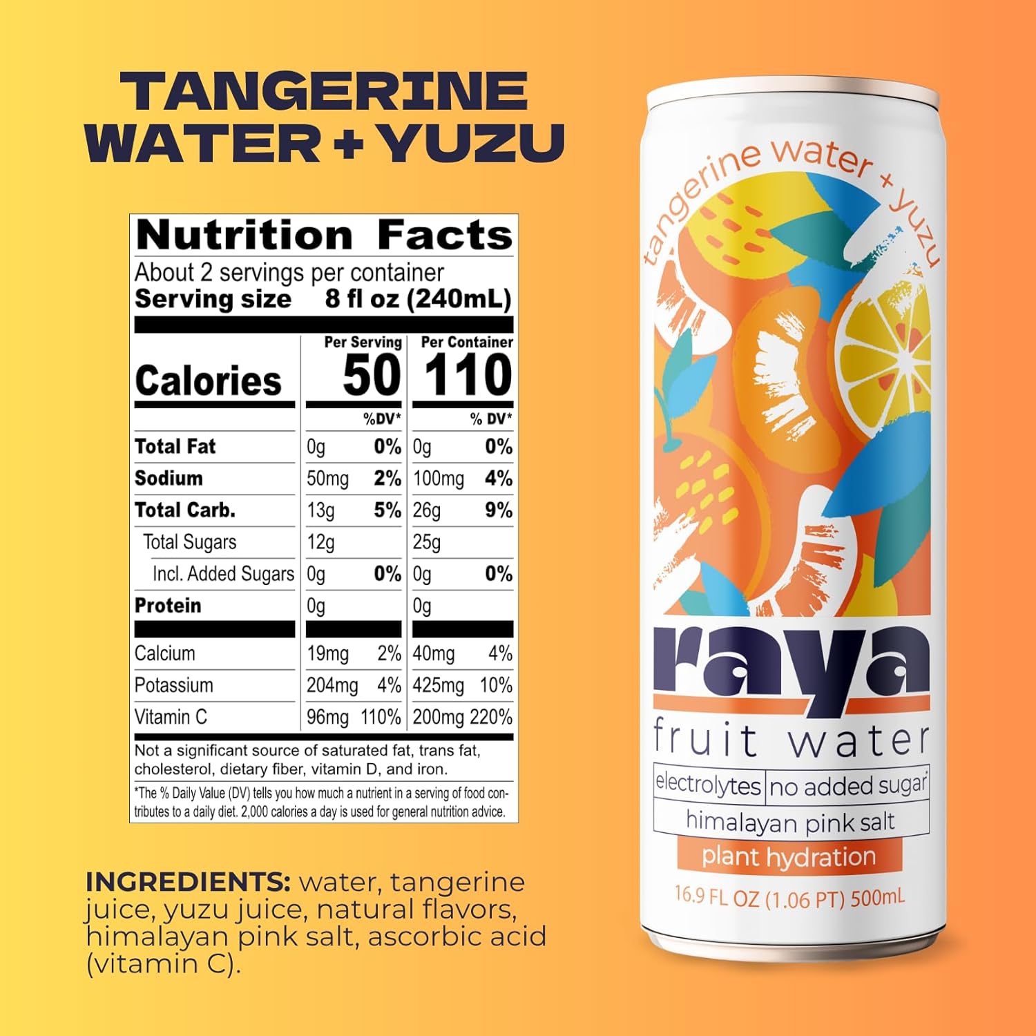 Raya Fruit Water, Tangerine + Yuzu, 16.9 fl oz (12-Pack) – 45% Juice, No Added Sugar, Rich in Vitamin C & Electrolytes, Non-Carbonated Plant-Based Hydration