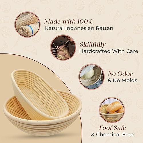 Miniatura 2 de Juego de 2 cestas a prueba de pan, redondas de 10 pulgadas y 9 pulgadas ovaladas de ratán natural con forros de tela y 4 herramientas para hornear,