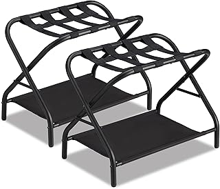 Luggage Rack Set of 2, Foldable Suitcase Stand with Fabric Storage Shelf Easy Assemble Metal Luggage Holder with Straps for Guest Room Bedroom Hotel, Black