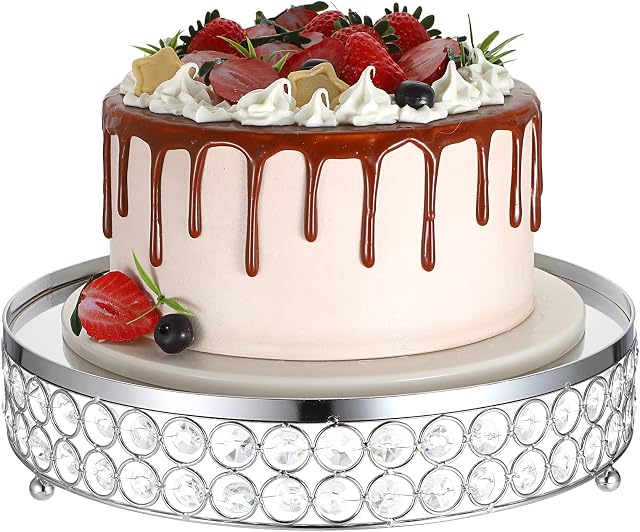 SUMNACON Crystal Metal Cake Display Stand Pedestal with Round Mirror Top Plate, Diameter 30CM Home Decor Cupcake Stand Holder Dessert Stand Plate for Wedding Birthday Party (Silver)