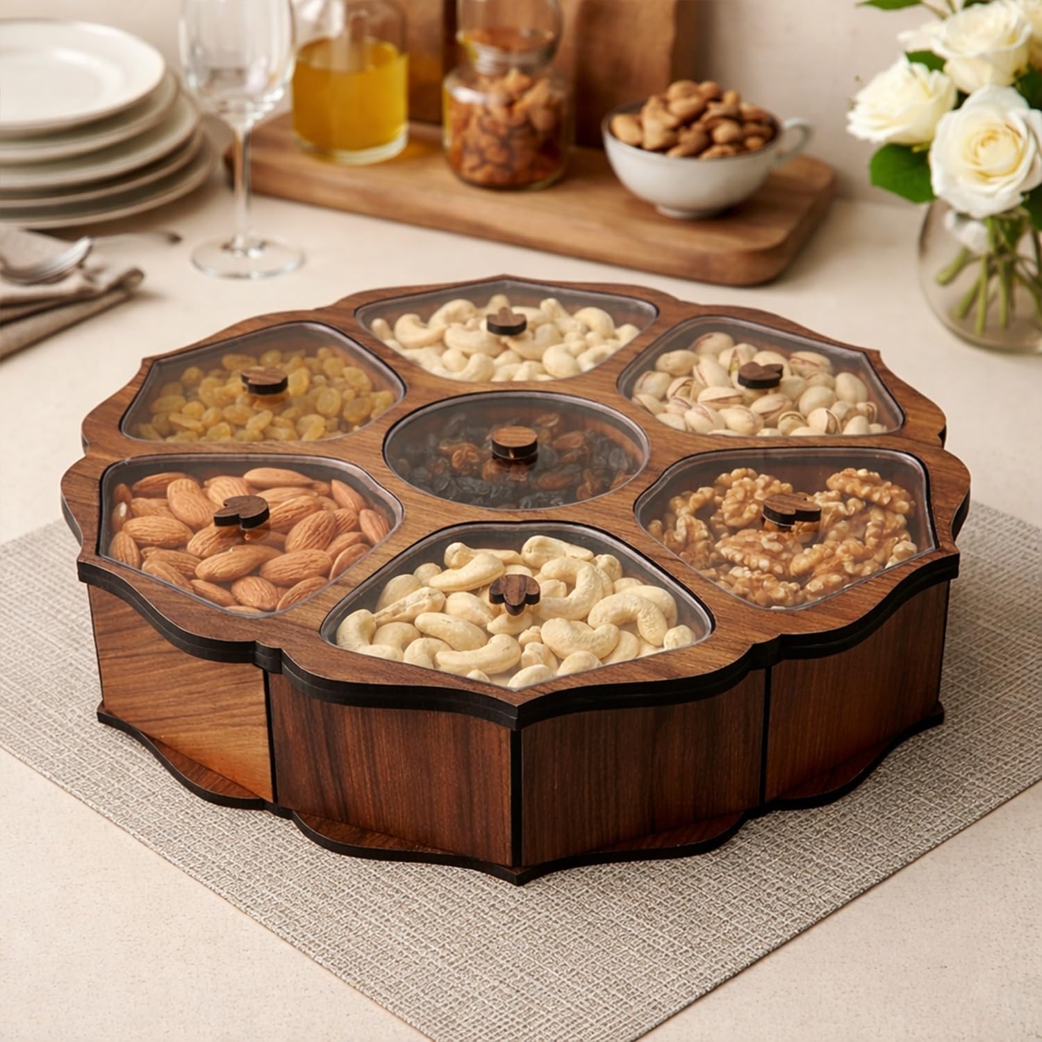 Wooden Dry Fruit Box with 7 Containers | MDF Storage Organizer for Nuts, Dry Fruits, Chocolates & Snacks | Brown Decorative Box for Home & Gifts-image-3