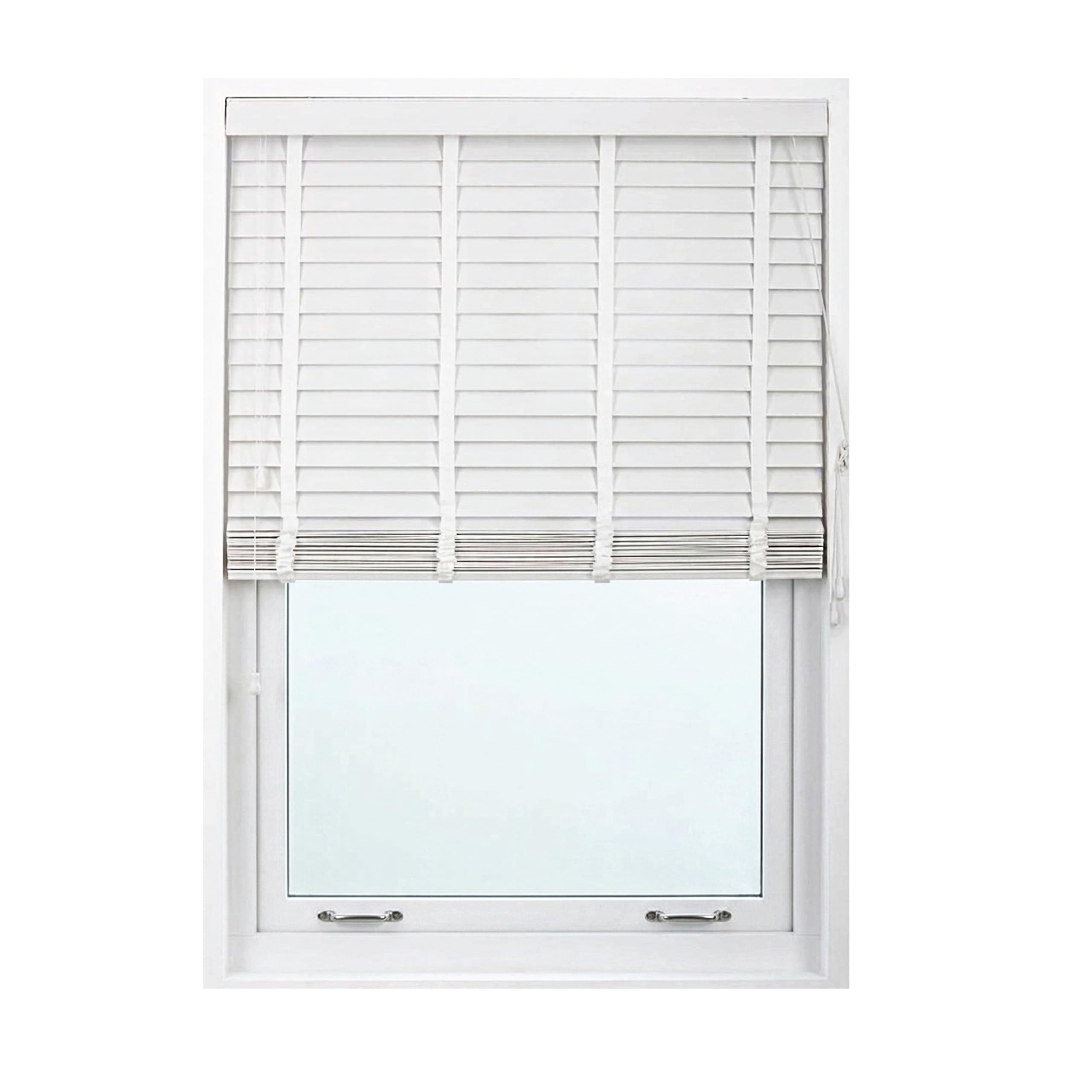 White Tape Design Faux wood window Venetian Blinds, Child Safe - 50MM Slats (174cm Width x 150cm Drop)