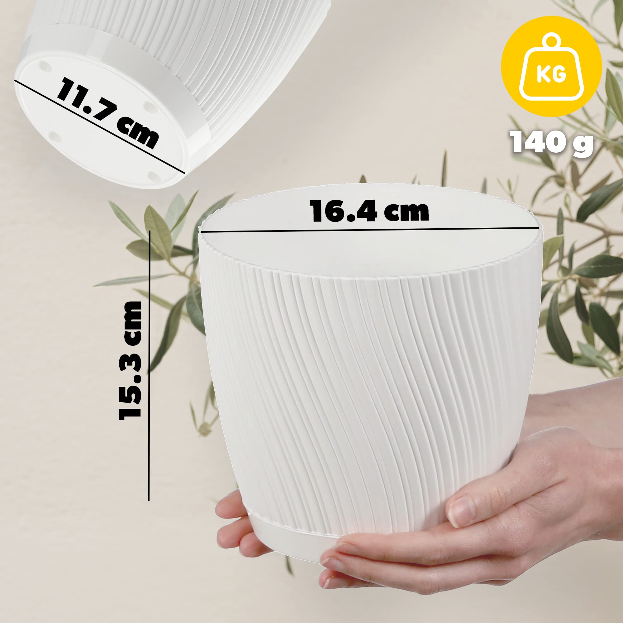 KADAX Vaso Da Fiori Con Sottovaso In Plastica – Minimalista, Resistente Al Gelo E Al Calore, Diametro 15 Cm, Bianco - 5