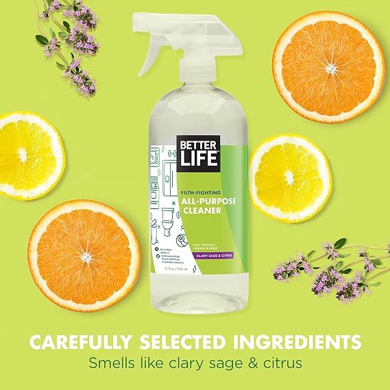 Better Life All Purpose Cleaner - Multipurpose Home and Kitchen Cleaning Spray for Glass, Countertops, Appliances, Upholstery & More - Multi-surface Spray Cleaner - 32oz Clary Sage & Citrus