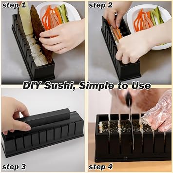 Sushi Making Kit, Sushi Maker 4-in-1 Rice Ball Mold Shapes | Sushi Maker Roller Kit with Press Mold, Chopsticks, Ceramic Dishes, Spoon, Easy Sushi Making Kit to Make Round Sushi(Black)