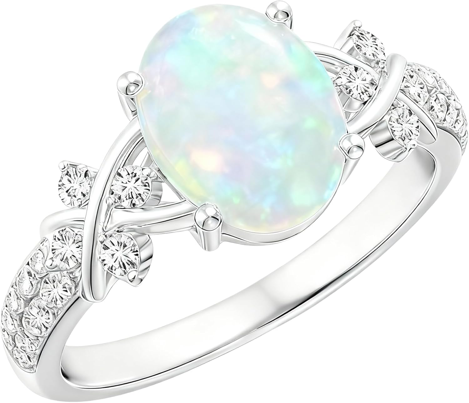 S925/10K/14K/18K Gold Oval Opal Engagement Custom Ring (Ladies' Style), Elliptical White Opal Set with Diamonds in Twisted Band Design, Elegant Wedding, Bridal, Anniversary Jewellery Gift