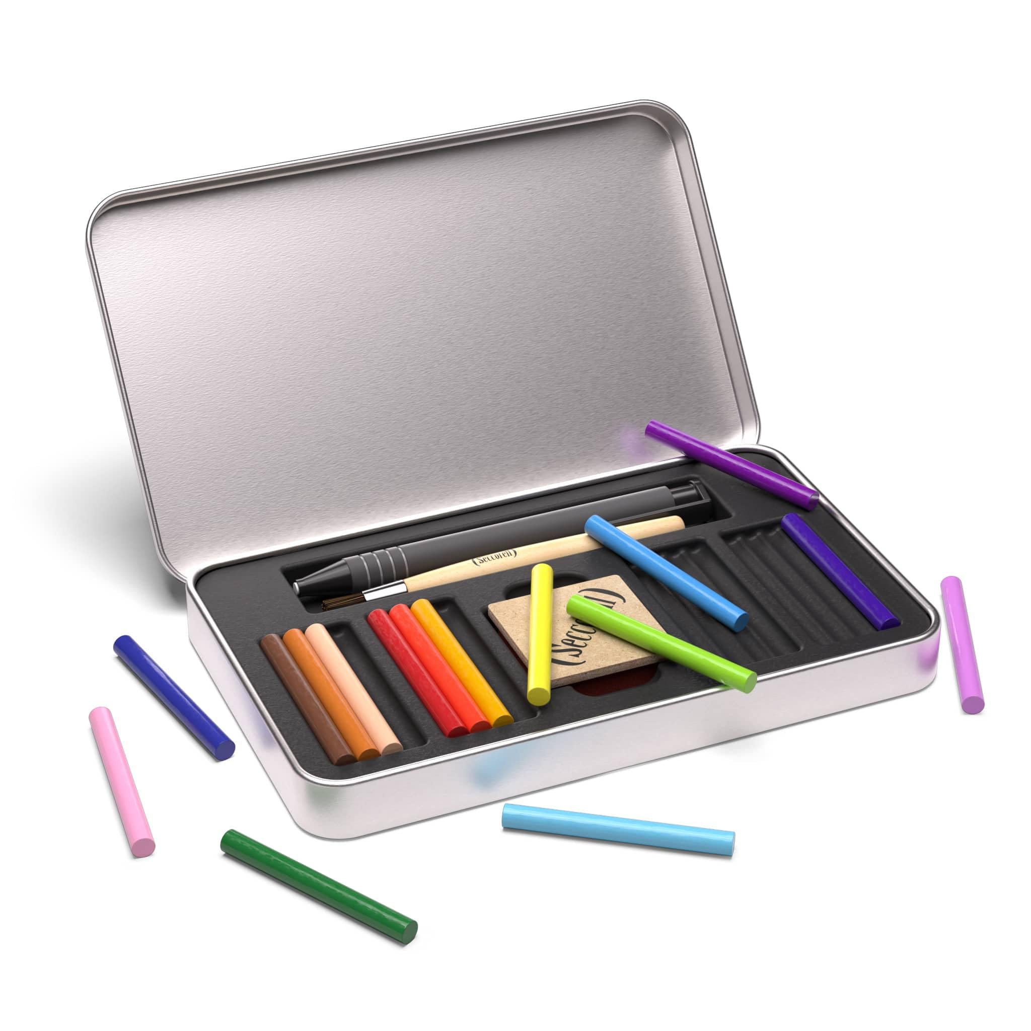 Chroma: 16 Finger-Wischmalfarben in stabiler Metallbox | 16 Farbstäbchen, Reibeblock, Reinigungsbürste & Radierminenhalter. Inneneinsatz für sicheren Transport für Schule & Zuhause.