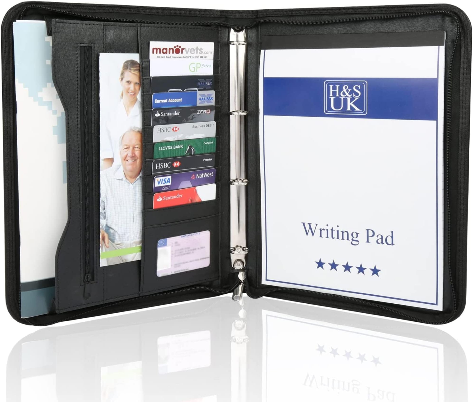 H&S Conference Folder - Zipped Portfolio Folder A4 - Faux Leather Folders for Documents with Ring Binder - A4 Organiser Folders - Work or Business Document Holder Padfolio Case