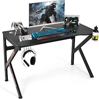 CASART R-Shaped/K-Shaped Gaming Desk with Headphone Hook, Cup Holder & Cable Management, Home Office Adjustable Ergonomic Computer Desk (Black, 110 x 60 x 74cm)