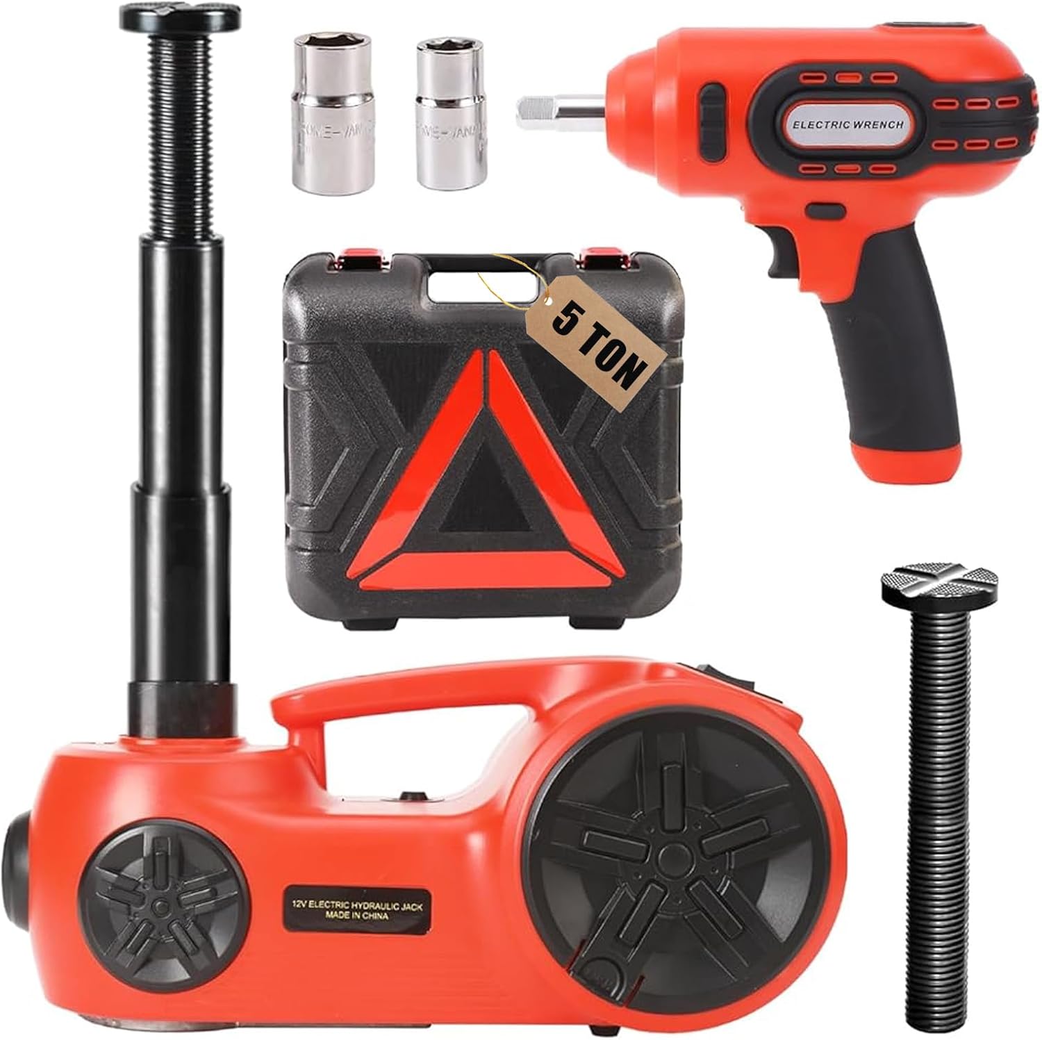 ROGTZ Upgraded Electric Hydraulic Car Jack Kit 5 Ton 12V Portable Lift Range 20.9 Inch with Impact Wrench and Tire Inflator Pump for SUV Sedan Truck Repair Floor Jack for Tire Change with LED Light Red jack+Wrench