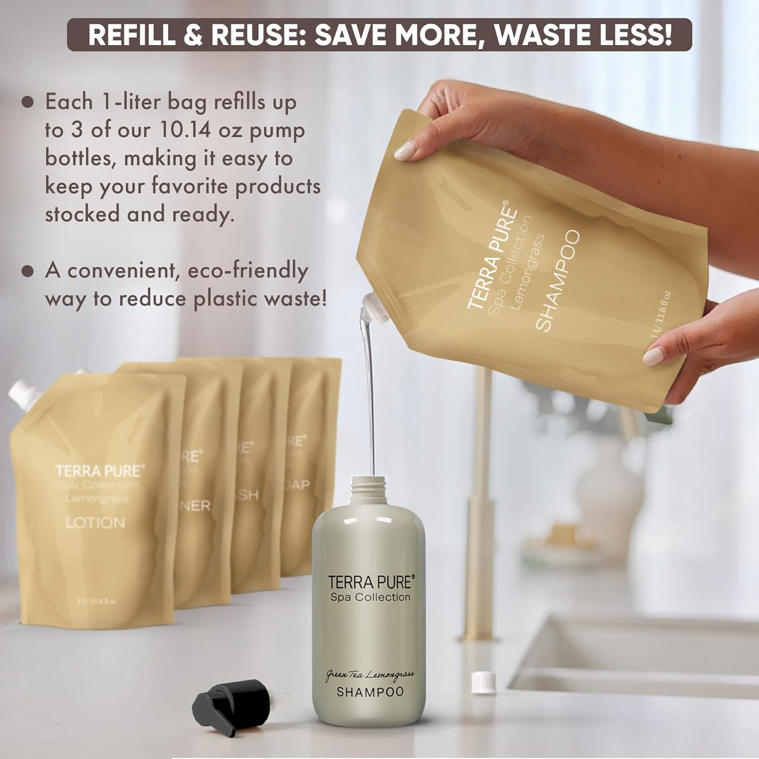 Terra Pure Spa Collection 1 Liter Shampoo Refill Bag For Soap Dispensers | Bulk Toiletries for Vacation Rentals, and Home Bathroom Showers | Green Tea Lemongrass | Single - Image 3