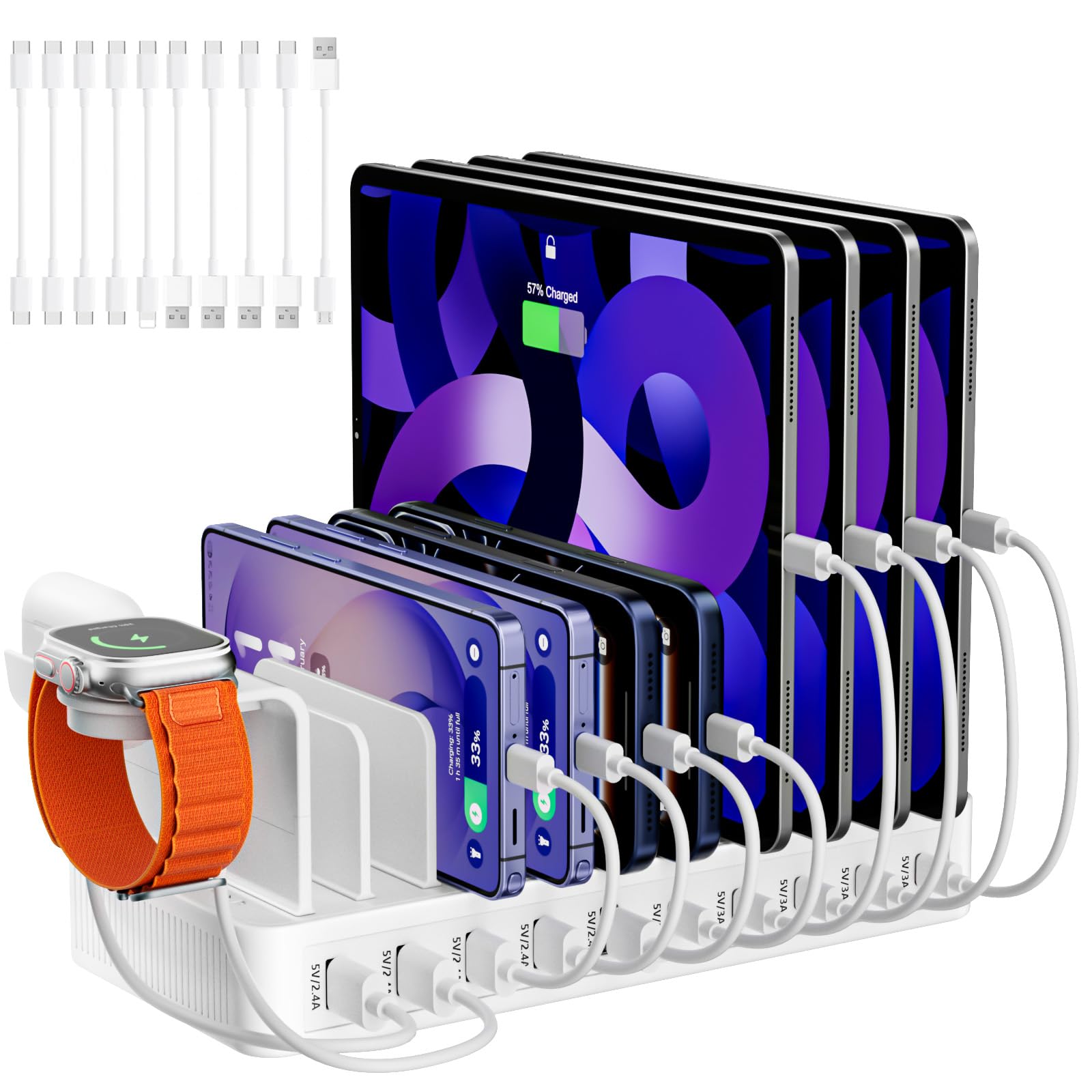 Ladestation Mehrere Geräte, USB C ladestation 100W, 10 Ports USB-Schnellladegerät Mit Uhrenhalterung und 10 Cables,ladestation Handy für iPhone/Samsung, Tablets und andere USB-Geräte