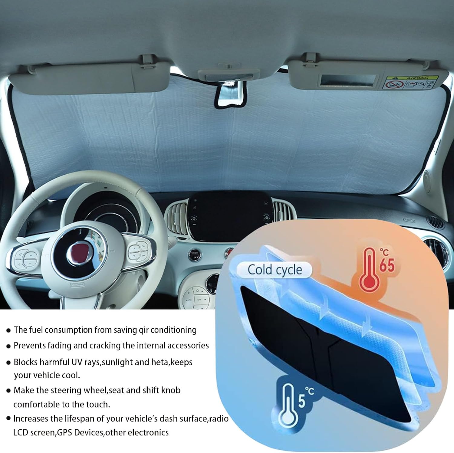 The Original Windshield Sun Shade Compatible with Fiat 500 2010-2025+ Abarth 595 2014-2024 Car Windshield Reflective Sunshade Protector Sun Shade Accessories (Silver)