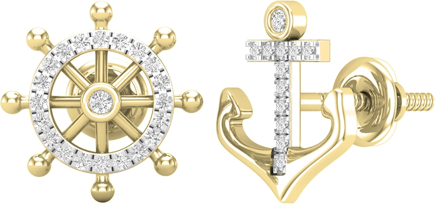 Dazzlingrock Collection Round White Diamond Anchor & Wheel Mismatch Stud Earrings for Her (0.10 ctw, Color I-J, Clarity I1-I2) in 14K Solid Yellow Gold, Screw Back