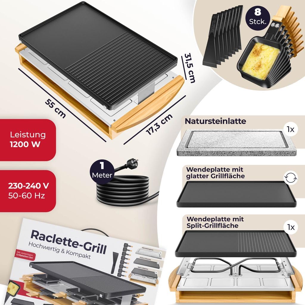 KESSER® Griglia per raclette con pietra naturale, piastra per grigliare griglia da tavolo per 8 persone, griglia elettrica per raclette con piastra antiaderente, 8 pentole e spatola di legno 1200W