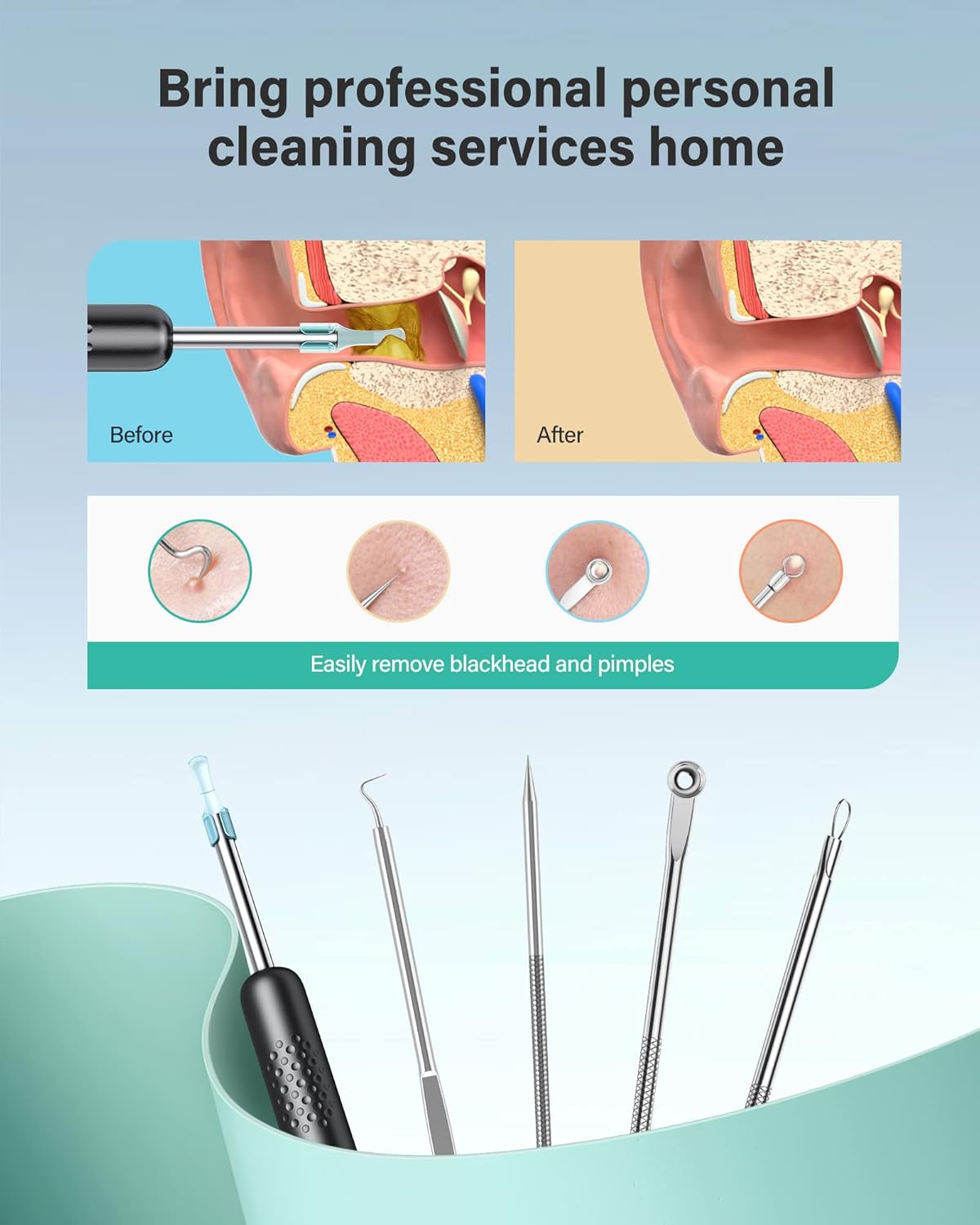 Image showing a cross-section of an ear with earwax being removed by the device, alongside an image of blackhead removal tools.