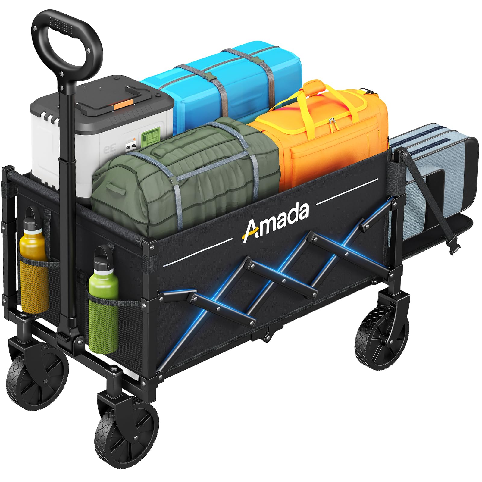 AMADA HOMEFURNISHING Carrello pieghevole, con carico massimo di 163 kg e stoccaggio espandibile, carrello pieghevole da 90L con 2 supporte tazze per all'aperto, alimentari, giardino e campeggio