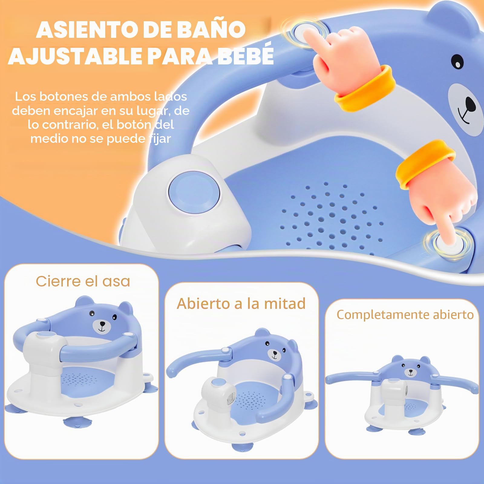 Asiento de Baño para Bebé 6-24 Meses, Silla Baño Bebe con 4 Fuertes Ventosas, Respaldo Ergonómico, Barra de seguridad, Antideslizante y Cómoda, Regalo para Recién Nacidos y Nuevas Madres(Azul)