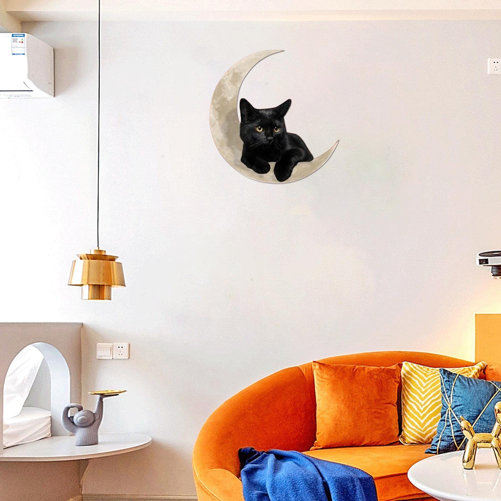 Holdes Sagoma di gatto nero in metallo, decorazione da parete con motivo a luna, in metallo, per bagno, camera da letto, cucina, amanti dei gatti