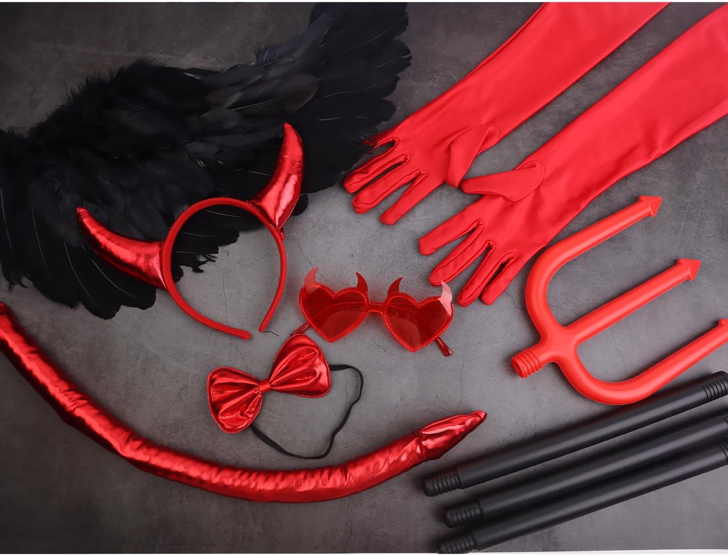 Devil Costume for Women, 7 PCS Halloween Demon Costume Set with Red Devil Horns Headband Devil Wings Devil Glasses Devil Tail Devil Pitchfork Bowtie Long Gloves, Women Men Sexy Devil Accessories
