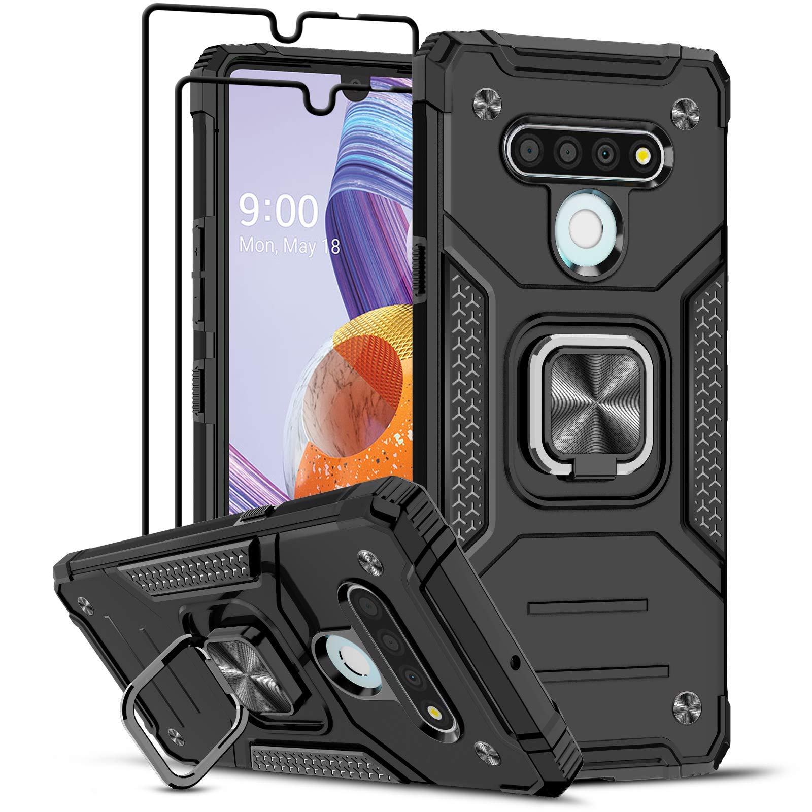 LeYiCompatible for LG Stylo 6 Case with [2 Pack] Tempered Glass Screen Protector, [Military-Grade] Armor Protective Phone Case with Magnetic Ring Kickstand for LG Stylo 6, Black