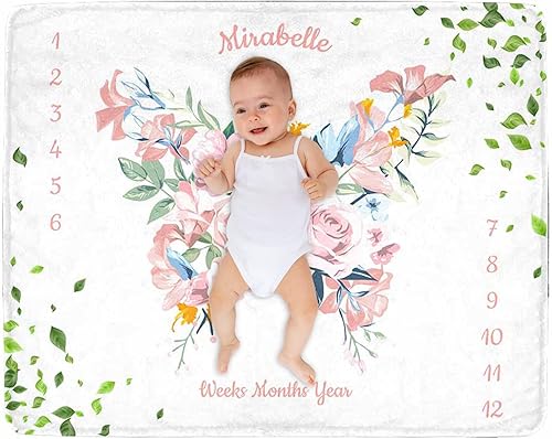 Manta de hito para bebé personalizada con nombre, manta personalizada de flores en forma de mariposa con tabla de crecimiento calendario, manta