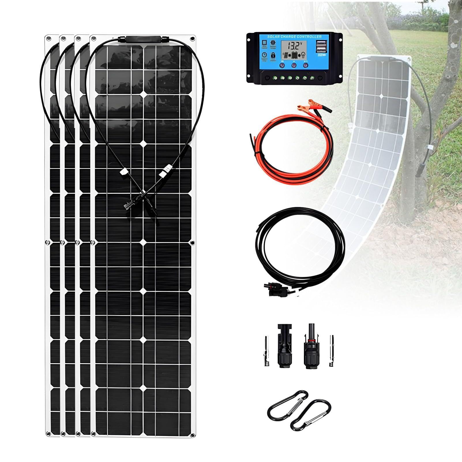 Kit pannello solare flessibile da 200 W, monocristallino da 18 V, con controller da 40 A e cavi di prolunga per camper, barca, cabina, auto, caricabatterie leggero, 2 pezzi