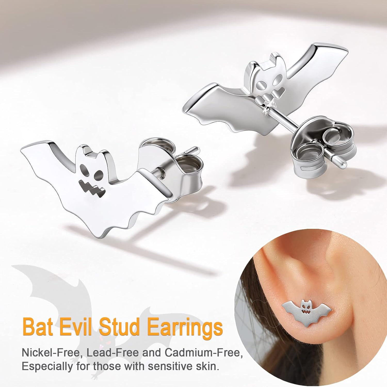 SILVERCUTE Skull Stud Earrings, Men Womens Personalized Punk Gothic Earrings, Sterling Silver Bat/Fire/Skeleton/Skull Hand Earrings for Halloween Party, Hypoallergenic