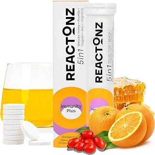 5 in 1 Immunity Plus – Immune Support & Antioxidant Supplement – Vitamin C, Zinc, Manuka Honey, Rosehip & Propolis – Natural Zesty Orange Flavor – 20 Day Supply Effervescent Tablets