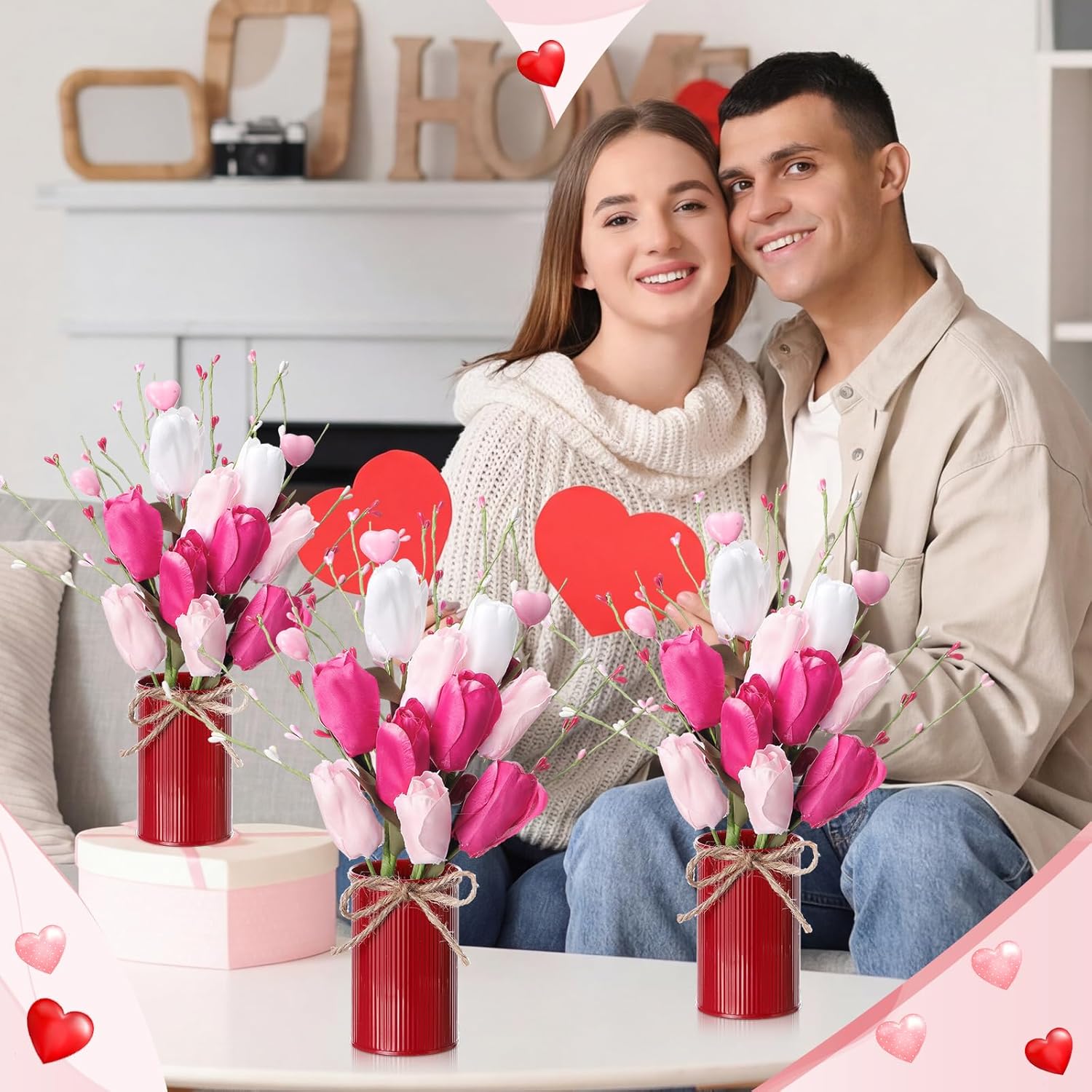 Zeyune 3 Sets Fake Tulip Flower Table Centerpiece, 6 Artificial Tulip Stems Picks with Metal Vase Pot, Fake Flower Arrangement for Wedding Reception, Anniversary Dinner, Mantel & Entryway Decor