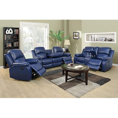 A Ainehome Sectional Recliner Sofa Set Bonded Leather 3 PCS Motion Sofa Loveseat Recliner Couch Manual Reclining Chair with Drop Down Table & Central Console for Living Room (Blue,3 Piece Set)