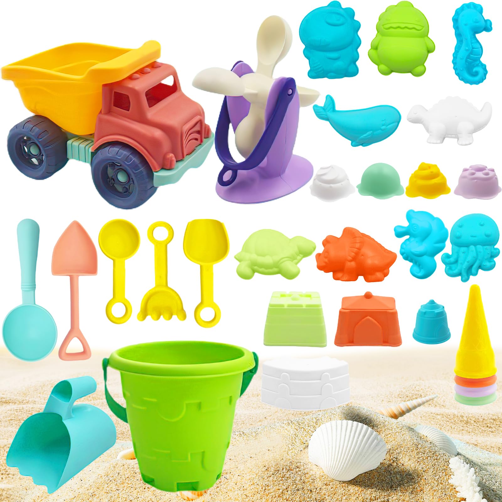 ZZQVIP Juguetes Playa para Niños, 26 PCS Juegos Playa con Helados, Animales Marinos Moldes De Arena, Palas Playa, Cubos de Arena e Bolsa de Malla, Juguetes de Playa de Verano para Niños y Niñas