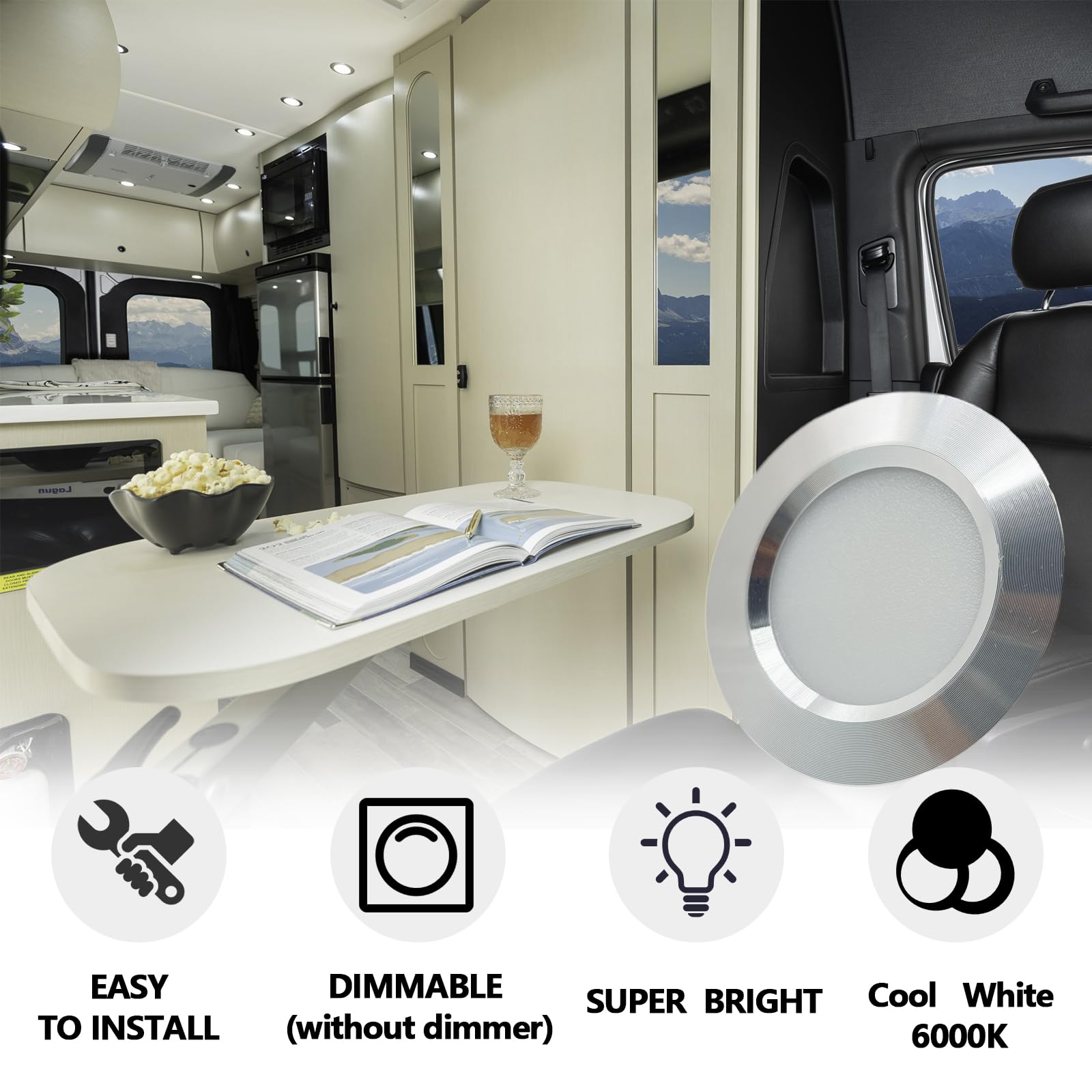 12V Campervan Encastré LED Mont Plafond Lumières Dimmable Lumières Tache 3W 6000K Lumière Blanche Pour T4 T5 Caravane Bateau Yacht Caravane Cabine Sous CRI 92+ 8 Pièces Argenté