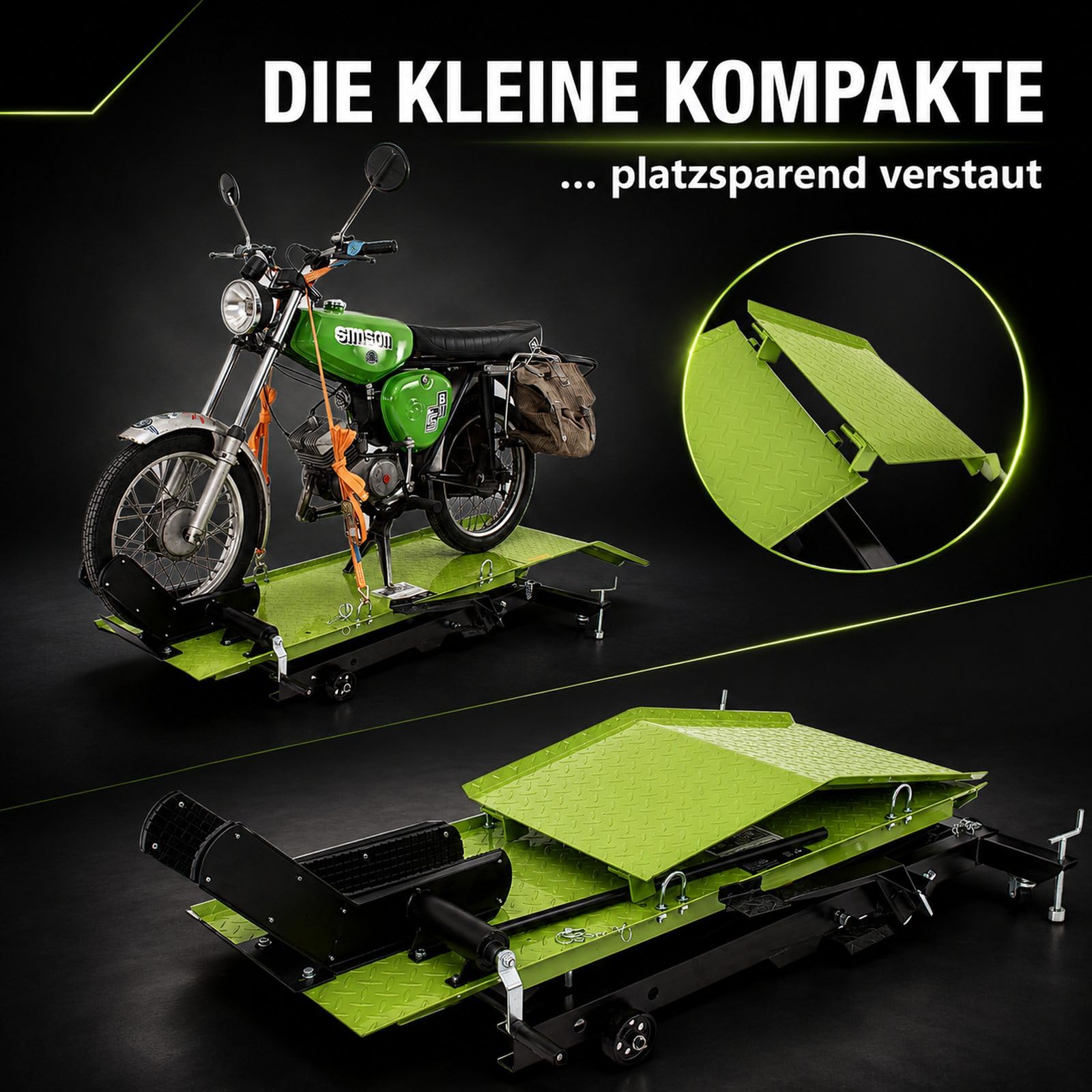 TRUTZHOLM Motorradhebebühne hydraulisch Tragkraft 360 kg kleiner Motorradheber Hubbereich 18-83 cm Nutzbreite 50 cm abnehmbare Auffahrrampe 4 Halteösen 45° Vorderradklemmung Scherenheber Moped in grün