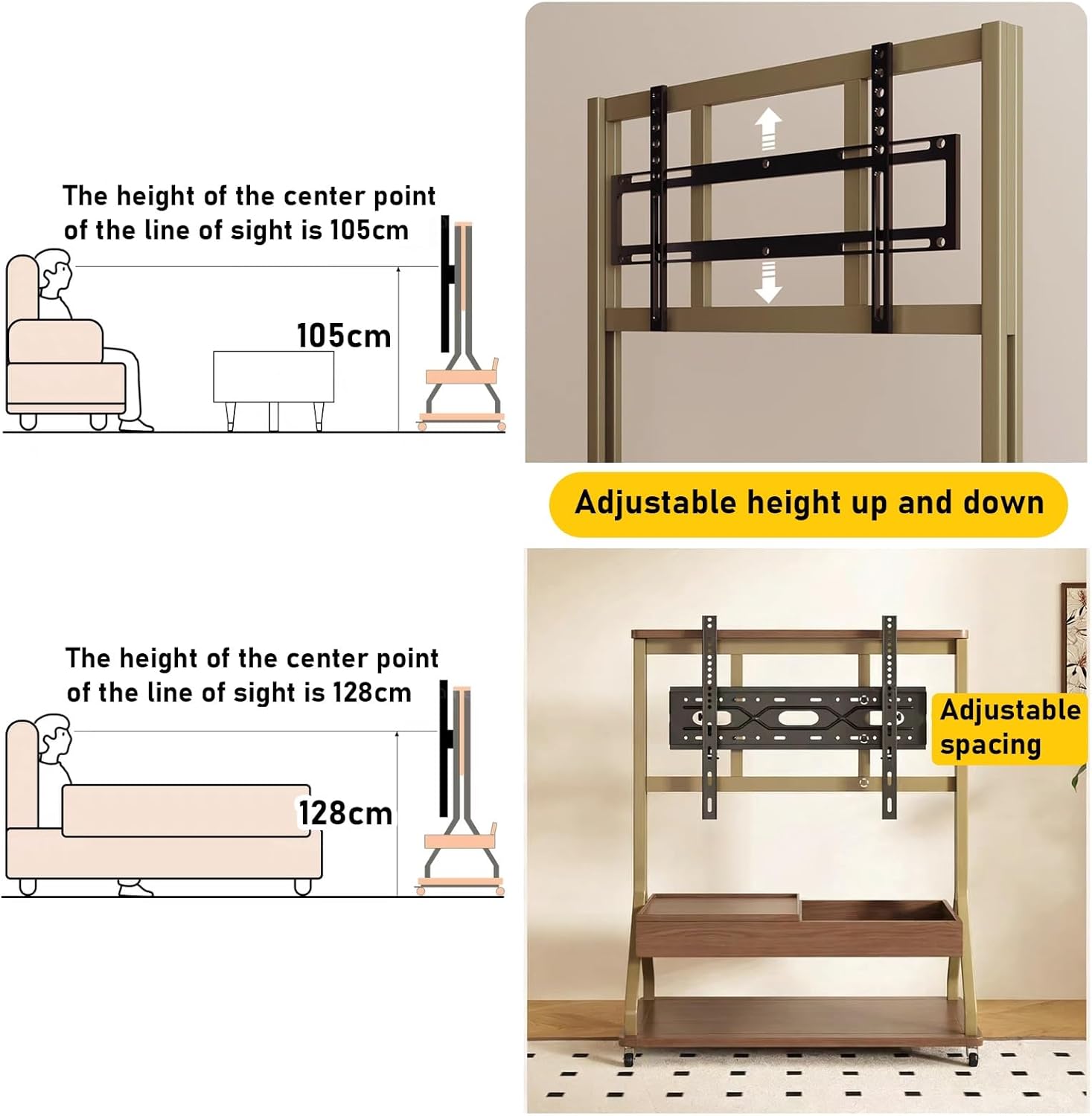Heavy Duty Rolling TV Stand with Wheels for Most 40-85 Inch TVs up to 165lbs, Height Adjustable Mobile TV Stand with Shelf, Floor TV Stand for Living Room, TV Cart