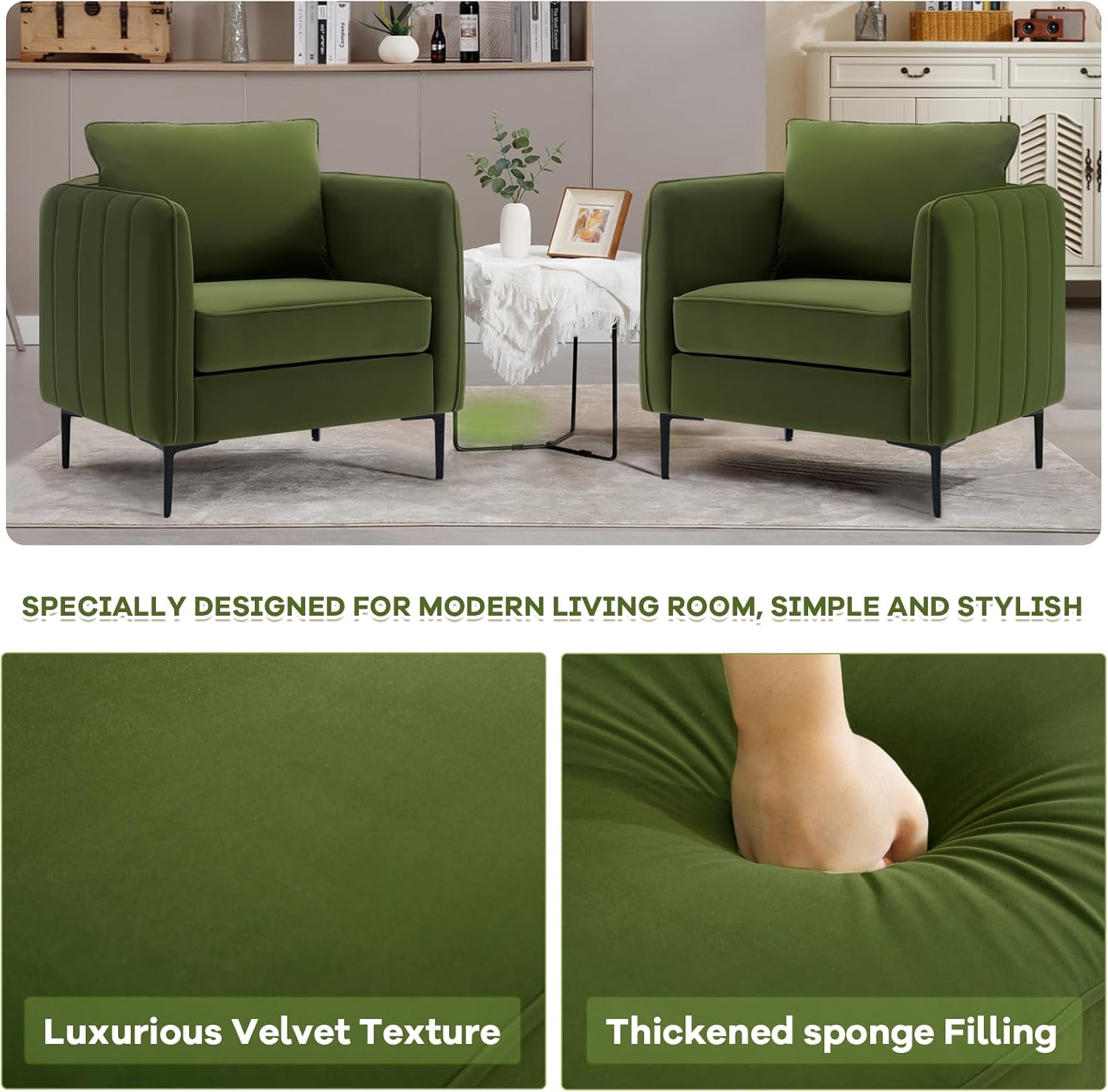 Green Accent Chairs, Velvet Upholstered Living Room Chairs with Metal Legs and Pillow, Mid-Century Modern Armchair for Bedroom Office, Single Sofa Side Chair for Reading