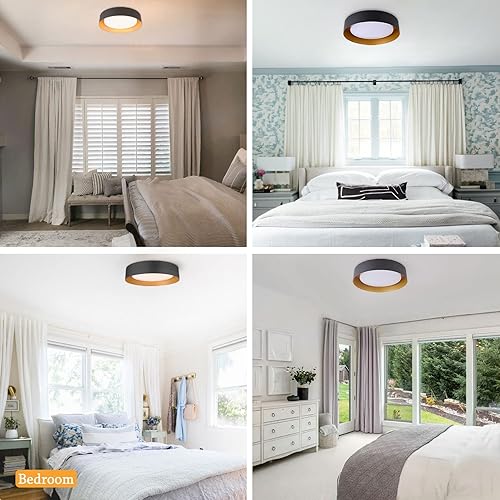 Miniatura 8 de Bargeni Lámpara de techo LED de 16.5 pulgadas, lámpara de techo regulable de montaje empotrado, color negro mate con dorado en el interior, 3000