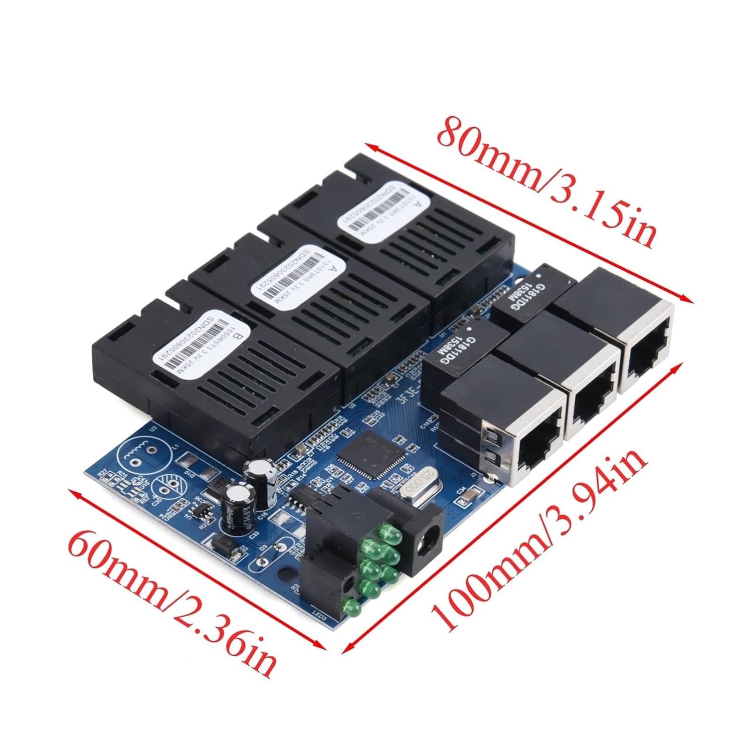 10M/100M PCBA Fiber Optic Converter with 3 RJ45 to 3 SC Connectors, 20KM, 1310nm/1550nm, 2A+1B Ports