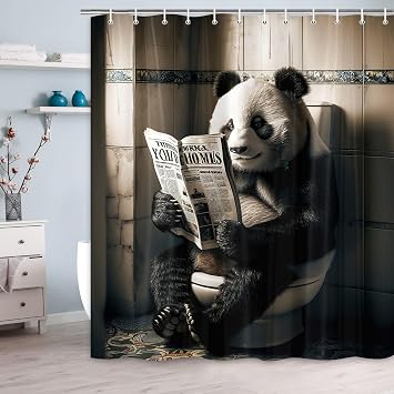 JAWO Funny Animal Shower Curtain, Panda Cool Animal Cute Newspaper Modern Light Grey Polyester Washable Decorative Dorm Bathroom Fabric Farm Fashion Bathroom Shower Curtain Set with 12 Hooks 72X72