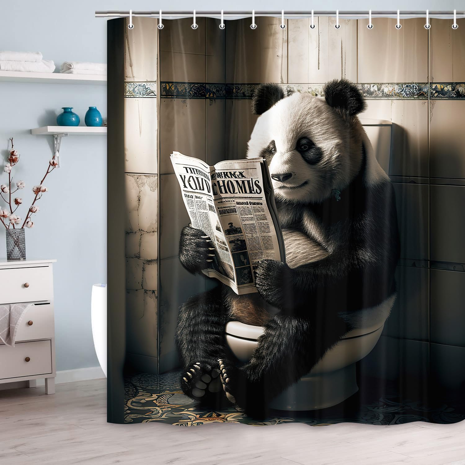 JAWO Funny Animal Shower Curtain, Panda Cool Animal Cute Newspaper Modern Light Grey Polyester Washable Decorative Dorm Bathroom Fabric Farm Fashion