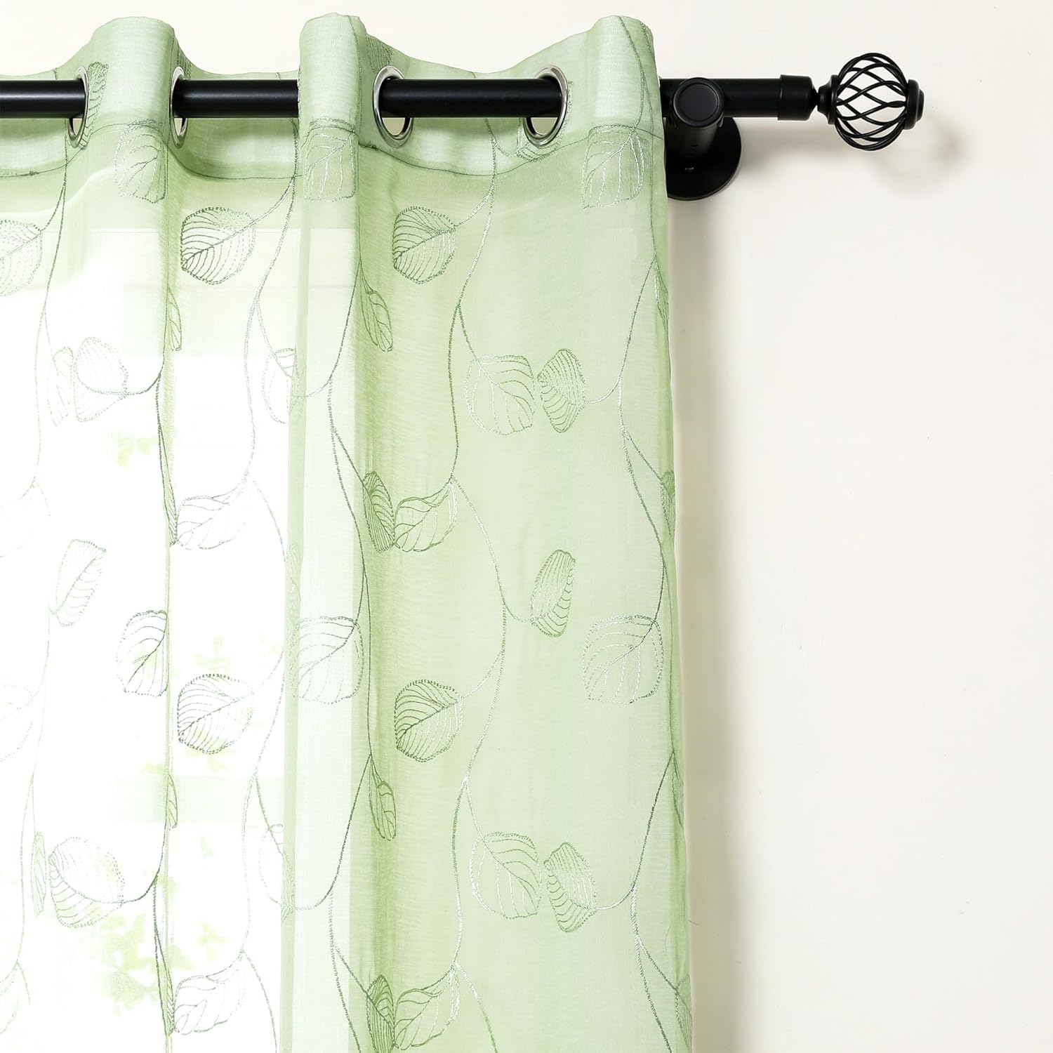 Sage Green Sheer Curtains for Bedroom 96 Inches Long Chic Embroidered Leaves Printed Window Curtain Panel Semi Sheer Voile Grommet Window Curtains Home Decor 2 Panels