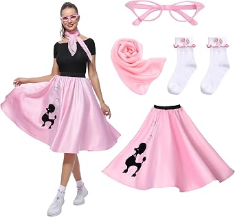Leadtex Women Sock Hop Costume 1950s Poodle Skirt with Scarf,Glasses,Socks,Adult 4 Piece 50s Costume Set