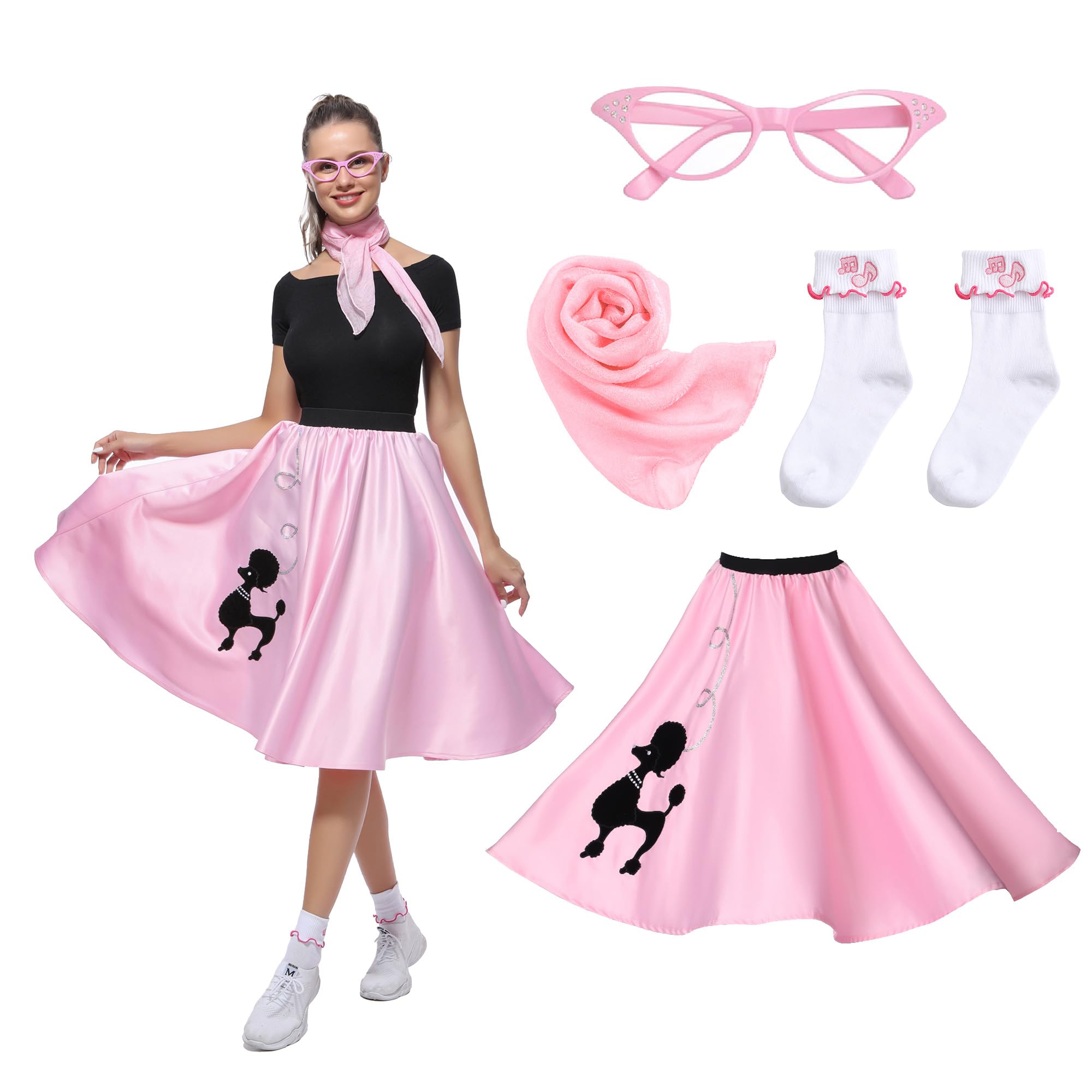 Leadtex Women Sock Hop Costume 1950s Poodle Skirt with Scarf,Glasses,Socks,Adult 4 Piece 50s Costume Set