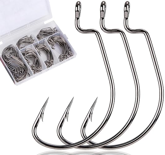FINOSEAK 120Pcs Bass Hooks Set, Strong Offset Bass Fishing Hooks Freshwater Barbed Sharp Worm Hooks for Texas Rigging Fishing Extra Wide Gap 6 Sizes Assorted #1 1/0 2/0 3/0 4/0 5/0