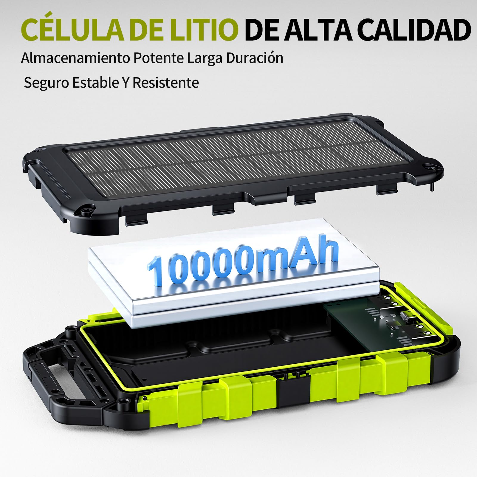 Cargador Solar 10000mAh Power Bank Solar, Bateria Externa con Carga Rápida 22,5 W Impermeable IPX4 2 Puertos USB + Linterna LED Compatible con Smartphones Tablets Camping y Emergencias Verde
