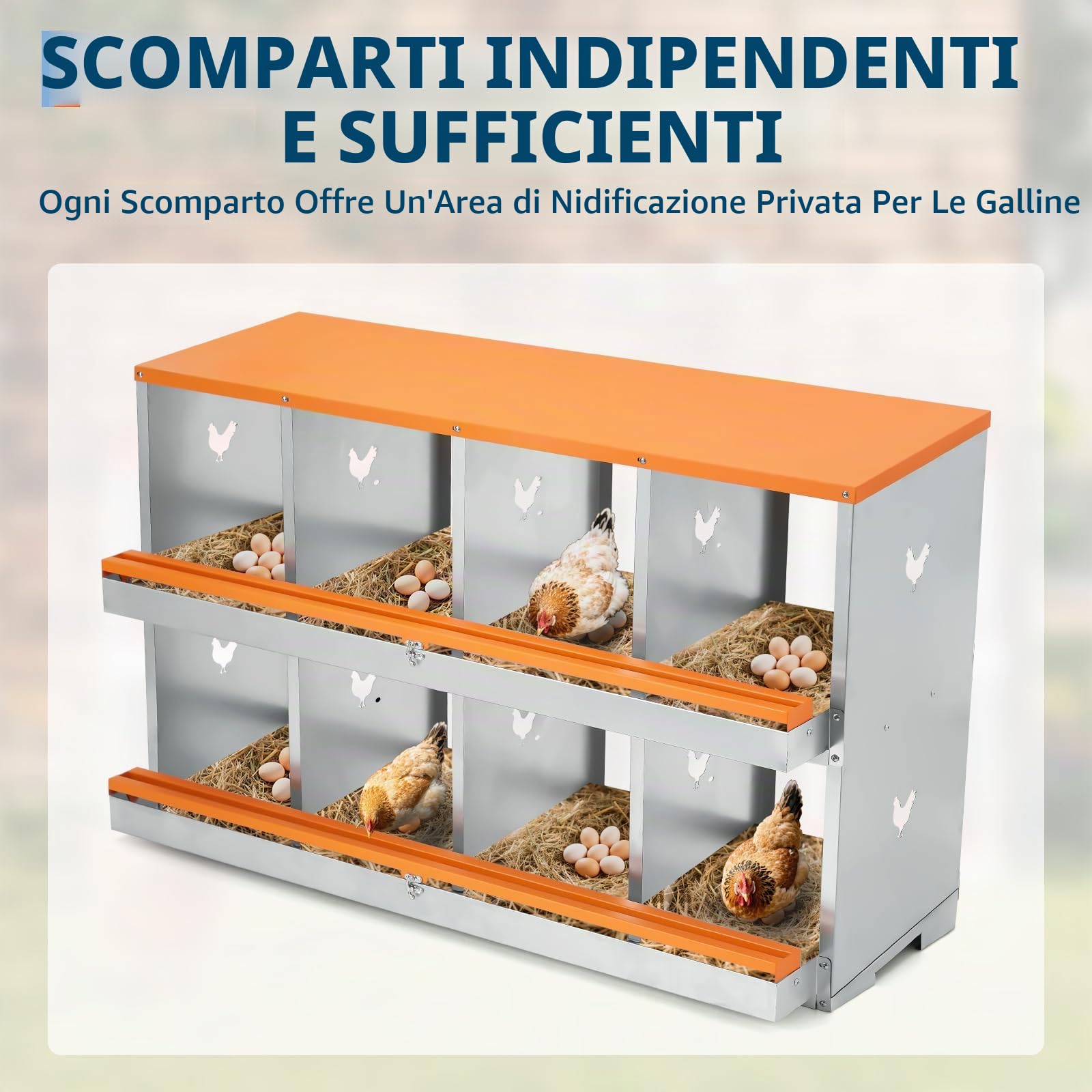 Gabbia professionale per galline ovaiole – 8 scomparti, metallo a doppio strato, ampia ventilazione, trespolo integrato, facile raccolta delle uova – Colore arancione ruggine, doppio strato 8