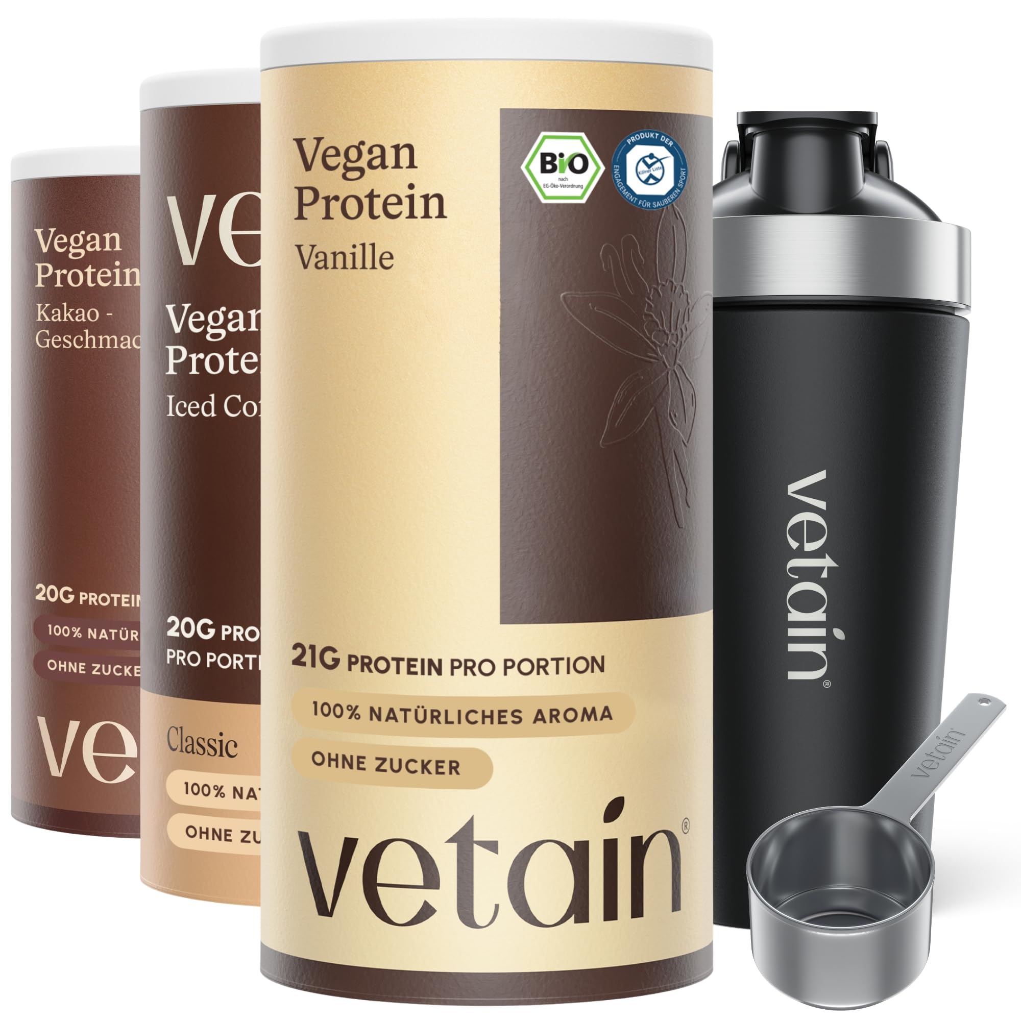 VETAIN Veganes Proteinpulver - 23g Eiweiß - 600g - Ohne Süßungsmittel - Bio Protein Pulver - 5 Proteinquellen fermentiert Erbsen & Reis - Vollständiges EAA & BCAA - Laborgeprüft