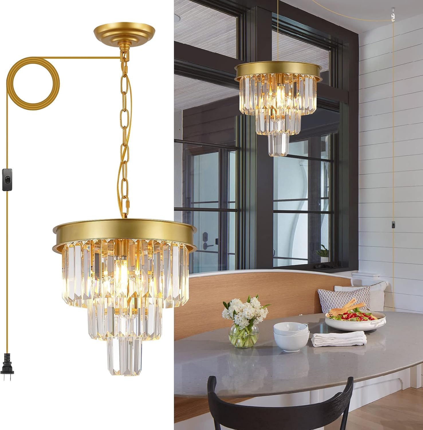 Lustre en cristal moderne noir 3 niveaux de luxe pour plafond de séjour